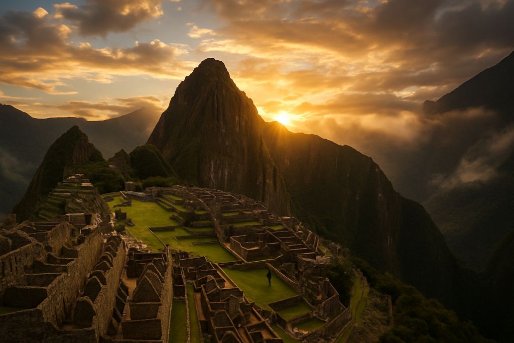 Sonnenuntergang über Machu Picchu in Peru mit Blick auf die Inka-Ruinen und den Berg Huayna Picchu.